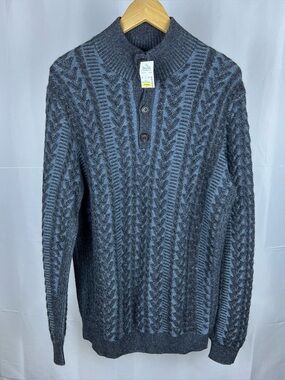 Forte Cashmere 1/4 Button Sweater Mens Blue Large Knit